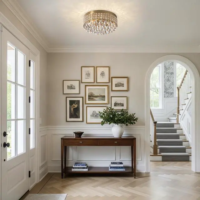 Alt view image 5 of 6 - 4 Lights Brass Crystal Chandelier, Modern Drum Ceiling Light Fixture, Raindrop Flush Mount Round Metal Shade, for Dining Room, Living Room, Bathroom, Bedroom