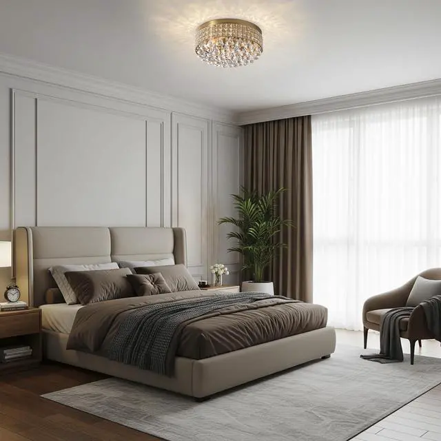 Alt view image 6 of 6 - 4 Lights Brass Crystal Chandelier, Modern Drum Ceiling Light Fixture, Raindrop Flush Mount Round Metal Shade, for Dining Room, Living Room, Bathroom, Bedroom