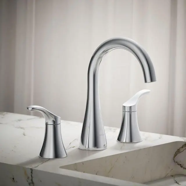 Alt view image 2 of 6 - K-27390-4-CP Simplice® Widespread Bathroom Sink Faucet, Bathroom Faucets with Two Lever Handles and Clicker Drain, 1.2 GPM, Polished Chrome