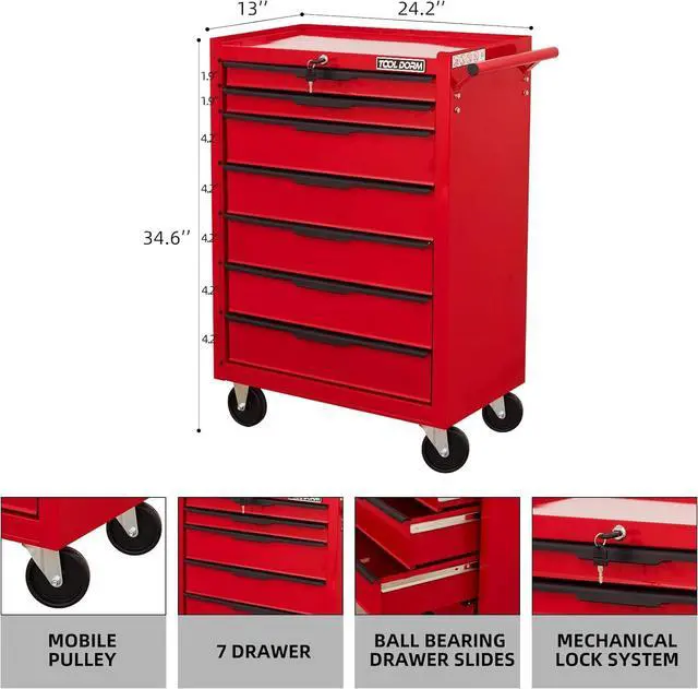 Alt view image 3 of 6 - 7-Drawer Rolling Tool Chest with Locking Wheels & Drawers, 13" D x 24.2" W x 34.6" H Mobile Tool Storage Cabinet, Heavy-Duty Garage Organizer w/Ergonomic Handle