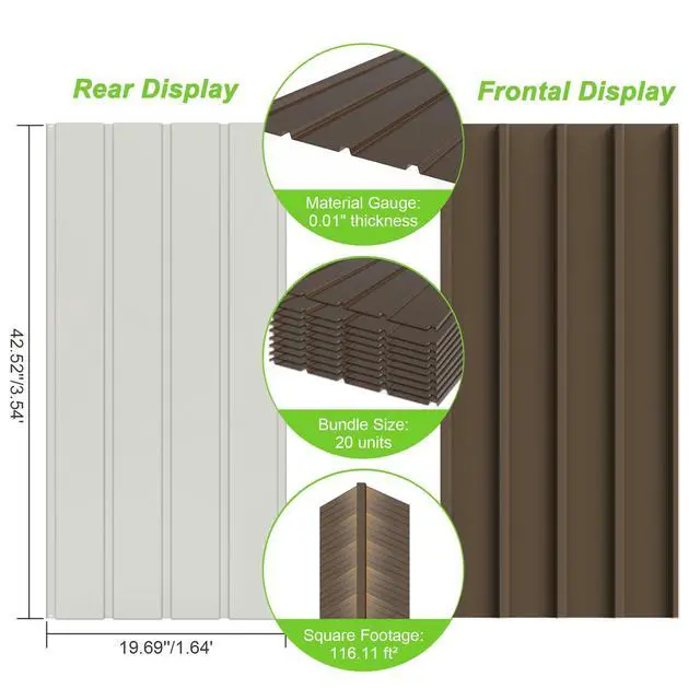 Alt view image 3 of 6 - 20PCS Metal Roofing Panels, Corrugated Galvanized Roof Panels, Waterproof Metal Siding Panels with 120 Pcs Steel Screws for Pergola, Gazebo, Shed, Garages, Stables and Mobile Homes -Brown