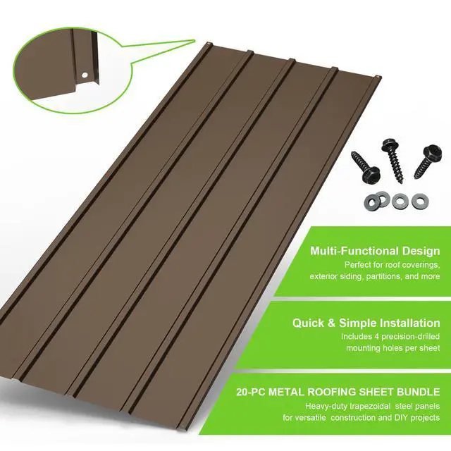 Alt view image 4 of 6 - 20PCS Metal Roofing Panels, Corrugated Galvanized Roof Panels, Waterproof Metal Siding Panels with 120 Pcs Steel Screws for Pergola, Gazebo, Shed, Garages, Stables and Mobile Homes -Brown