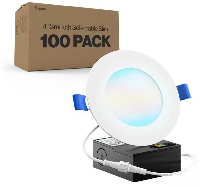 Main image of Sunco 100 Pack 4 Inch LED Recessed Lights, Canless Ceiling Light Slim, 650 LM, 10W, Selectable CCT 2700K/3000K/4000K/5000K/6000K, Dimmable, Wafer Thin, with Junction Box ETL