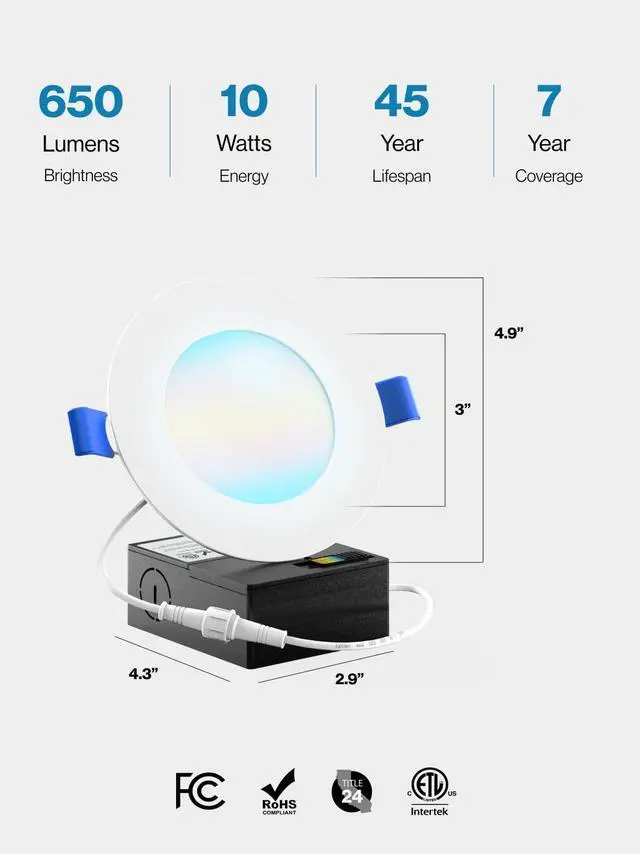 Alt view image 5 of 6 - Sunco 100 Pack 4 Inch LED Recessed Lights, Canless Ceiling Light Slim, 650 LM, 10W, Selectable CCT 2700K/3000K/4000K/5000K/6000K, Dimmable, Wafer Thin, with Junction Box ETL