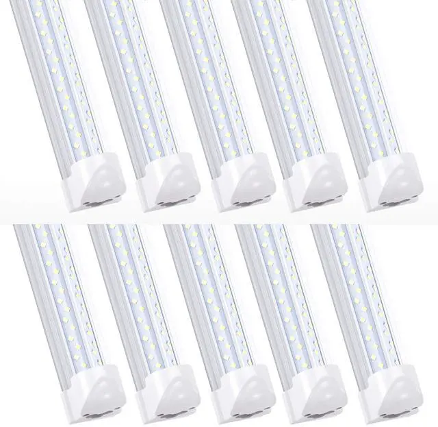 Main image of 8FT LED Shop Light (10-Pack) - 120W Linkable Fixture, T8 Integrated Tube, V-Shaped 270° Beam - 6000K Daylight, Clear Lens, Plug & Play - Garage, Warehouse, Workshop Lighting