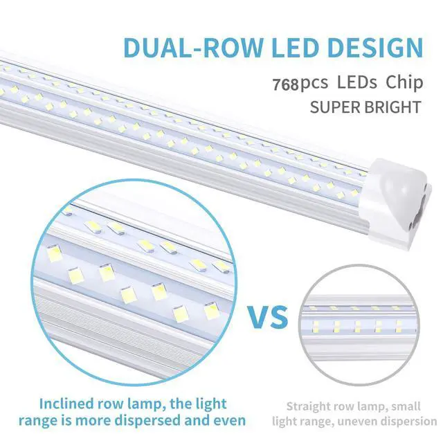 Alt view image 3 of 6 - 8FT LED Shop Light (10-Pack) - 120W Linkable Fixture, T8 Integrated Tube, V-Shaped 270° Beam - 6000K Daylight, Clear Lens, Plug & Play - Garage, Warehouse, Workshop Lighting