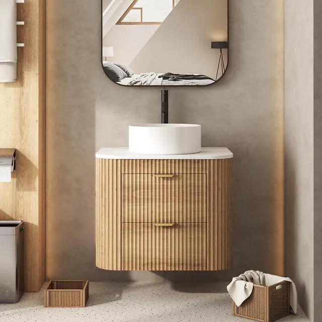 Main image of 24 Inch Bathroom Vanity with Sink, Floating Vanity with Ceramic Sink Combo, Fluted Bathroom Vanity with 2 Storage Drawers, Modern Wall Mounted Cabinet, Marble Look Wooden Tabletop, Natural Wood Grain