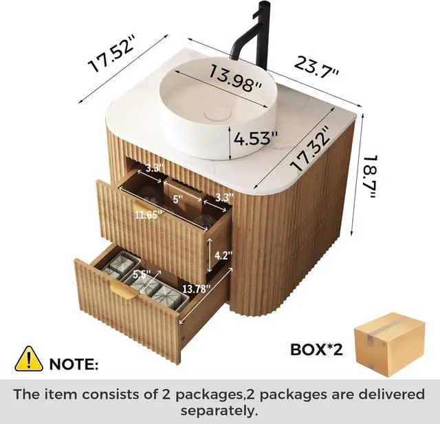 Alt view image 2 of 3 - 24 Inch Bathroom Vanity with Sink, Floating Vanity with Ceramic Sink Combo, Fluted Bathroom Vanity with 2 Storage Drawers, Modern Wall Mounted Cabinet, Marble Look Wooden Tabletop, Natural Wood Grain