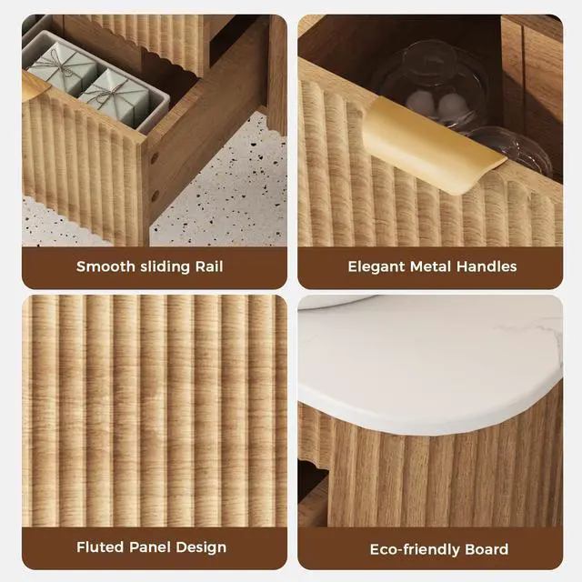 Alt view image 3 of 3 - 24 Inch Bathroom Vanity with Sink, Floating Vanity with Ceramic Sink Combo, Fluted Bathroom Vanity with 2 Storage Drawers, Modern Wall Mounted Cabinet, Marble Look Wooden Tabletop, Natural Wood Grain