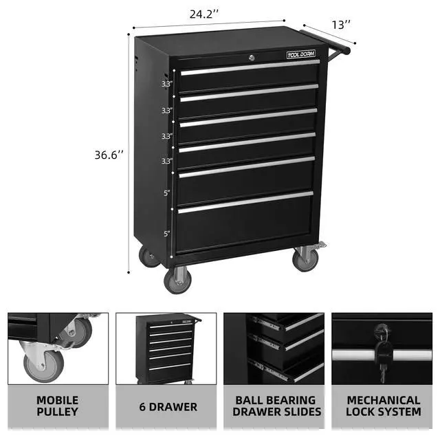 Alt view image 3 of 6 - 6-Drawer Rolling Tool Chest with Locking Wheels & Drawers, 13" D x 24.2" W x 36.6" H Mobile Tool Storage Cabinet, Heavy-Duty Garage Organizer with Ergonomic Handle