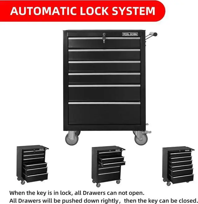 Alt view image 5 of 6 - 6-Drawer Rolling Tool Chest with Locking Wheels & Drawers, 13" D x 24.2" W x 36.6" H Mobile Tool Storage Cabinet, Heavy-Duty Garage Organizer with Ergonomic Handle