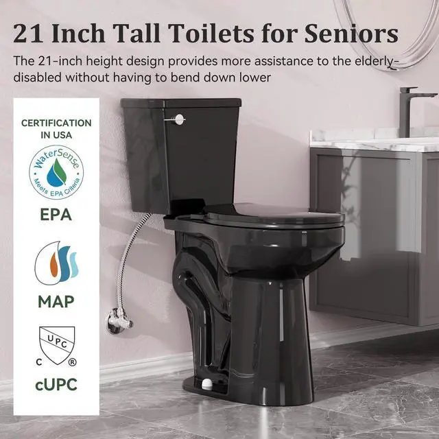 Alt view image 2 of 6 - Tall Toilet for Seniors 21 inch Extra High Toilets, Comfort Bowl Heigh 21", Seat Height 22", Two-Piece Toilet 1.28GPF Powerful, 12 Inch Rough-in, Black Color, Ada Toilets for Bathroom