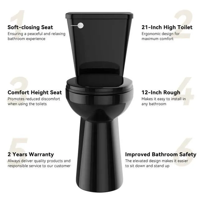Alt view image 3 of 6 - Tall Toilet for Seniors 21 inch Extra High Toilets, Comfort Bowl Heigh 21", Seat Height 22", Two-Piece Toilet 1.28GPF Powerful, 12 Inch Rough-in, Black Color, Ada Toilets for Bathroom