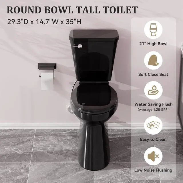 Alt view image 5 of 6 - Tall Toilet for Seniors 21 inch Extra High Toilets, Comfort Bowl Heigh 21", Seat Height 22", Two-Piece Toilet 1.28GPF Powerful, 12 Inch Rough-in, Black Color, Ada Toilets for Bathroom