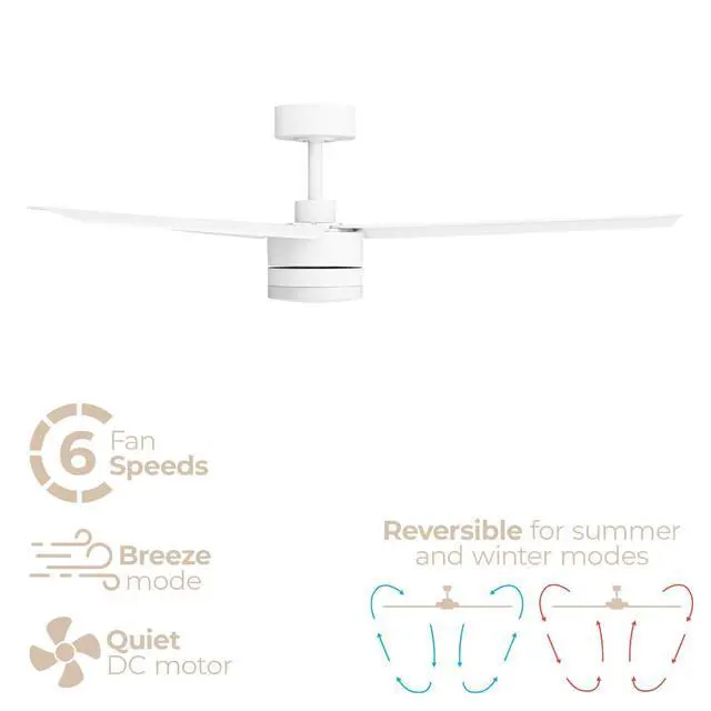 Alt view image 2 of 6 - Breeze Indoor or Outdoor 52in 3-Blade Smart Ceiling Fan in Matte White 2700K-6000K CCT Selectable LED Light Kit with Remote Control Works With iOS or Android App