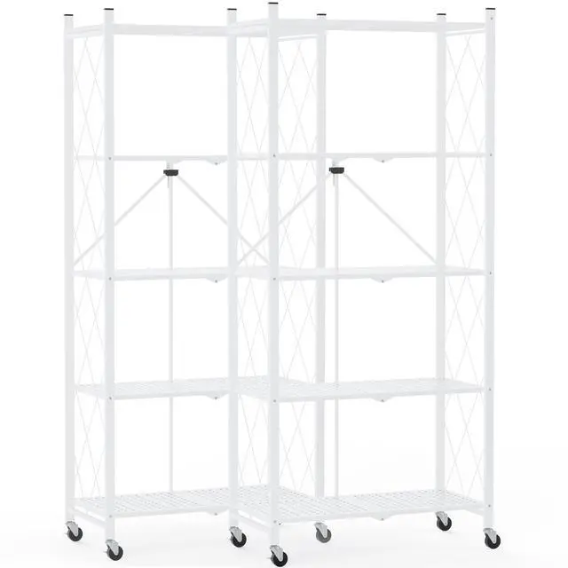 Main image of 70.7" Tall Extra Large 5-Tier Folding Storage Shelf with Wheels, No Assembly Collapsible Metal Rack with Leveling Feet for Garage, Pantry, Basement, Vendor Display, Kitchen(White,2 Pack)
