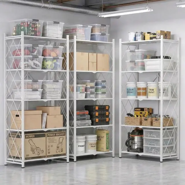 Alt view image 2 of 6 - 70.7" Tall Extra Large 5-Tier Folding Storage Shelf with Wheels, No Assembly Collapsible Metal Rack with Leveling Feet for Garage, Pantry, Basement, Vendor Display, Kitchen(White,2 Pack)