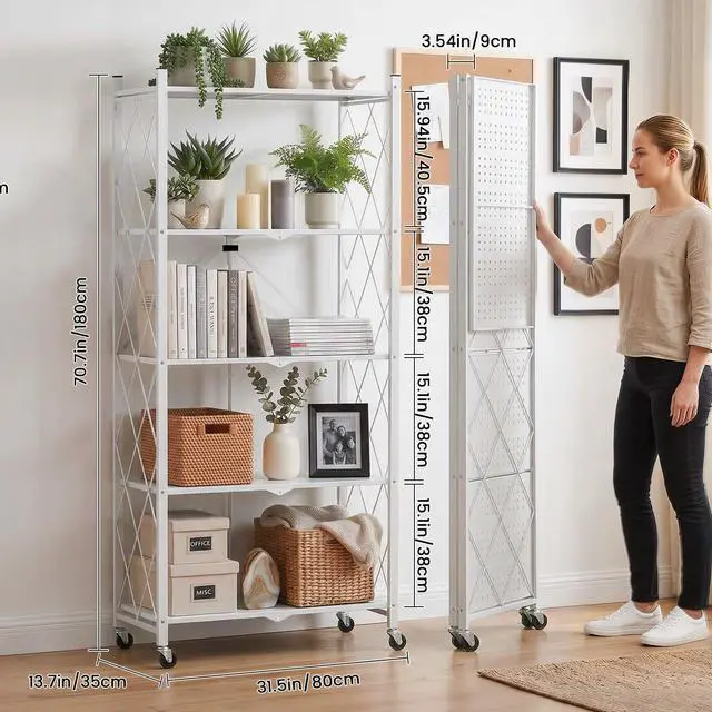 Alt view image 3 of 6 - 70.7" Tall Extra Large 5-Tier Folding Storage Shelf with Wheels, No Assembly Collapsible Metal Rack with Leveling Feet for Garage, Pantry, Basement, Vendor Display, Kitchen(White,2 Pack)