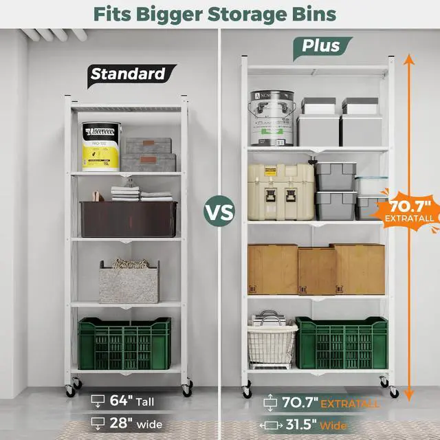 Alt view image 4 of 6 - 70.7" Tall Extra Large 5-Tier Folding Storage Shelf with Wheels, No Assembly Collapsible Metal Rack with Leveling Feet for Garage, Pantry, Basement, Vendor Display, Kitchen(White,2 Pack)
