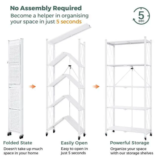 Alt view image 5 of 6 - 70.7" Tall Extra Large 5-Tier Folding Storage Shelf with Wheels, No Assembly Collapsible Metal Rack with Leveling Feet for Garage, Pantry, Basement, Vendor Display, Kitchen(White,2 Pack)