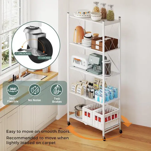 Alt view image 6 of 6 - 70.7" Tall Extra Large 5-Tier Folding Storage Shelf with Wheels, No Assembly Collapsible Metal Rack with Leveling Feet for Garage, Pantry, Basement, Vendor Display, Kitchen(White,2 Pack)