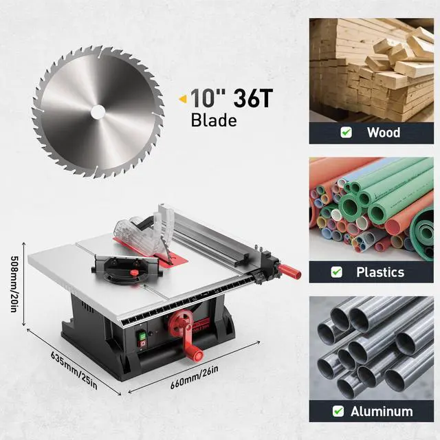 Alt view image 6 of 6 - 15Amp Portable Table Saw 10 inch, 4600RPM Compact Tablesaw with 36T Blade, 90°Cross Cut & 0-45°Cutting, Multifunctional Benchtop Saw for DIY Furniture Making Woodworking