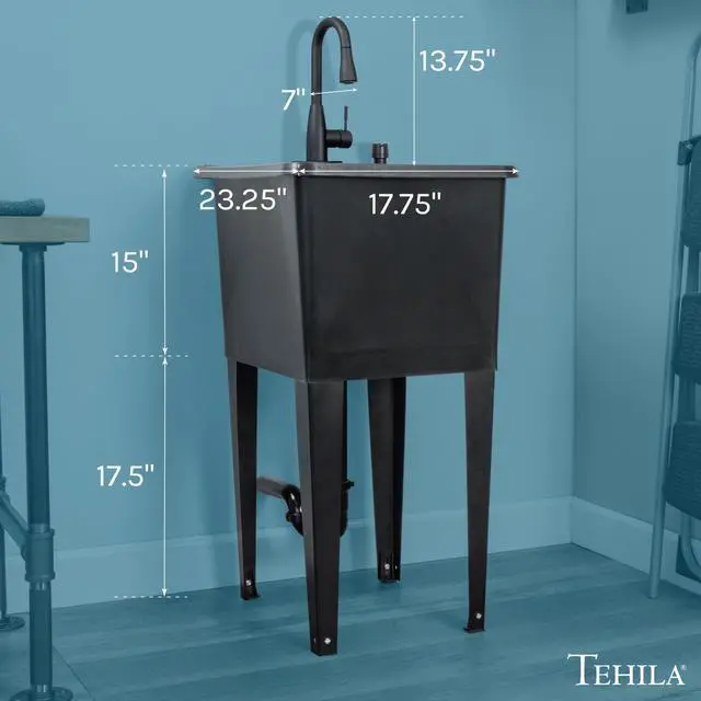 Alt view image 2 of 6 - Black Space Saver Utility Sink by, Freestanding Tehila Space Saving Laundry Tub, Black Pull-Down Faucet, Soap Dispenser