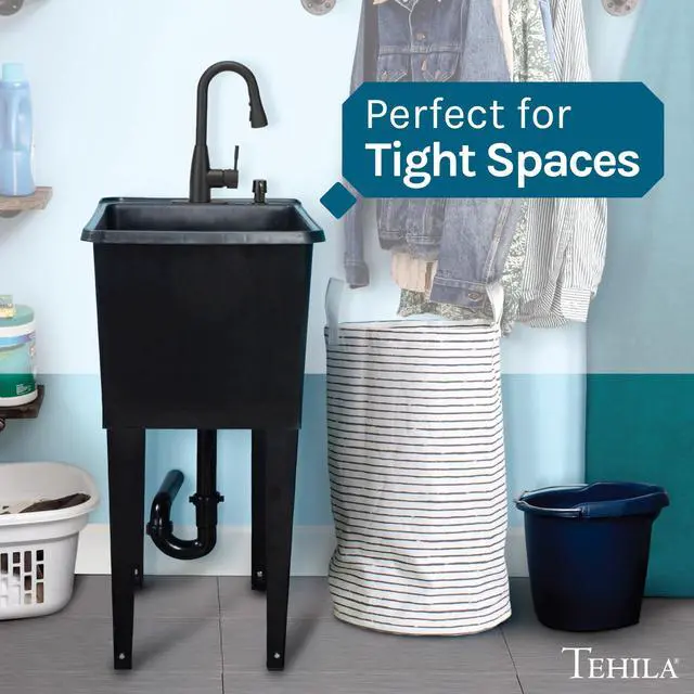 Alt view image 3 of 6 - Black Space Saver Utility Sink by, Freestanding Tehila Space Saving Laundry Tub, Black Pull-Down Faucet, Soap Dispenser