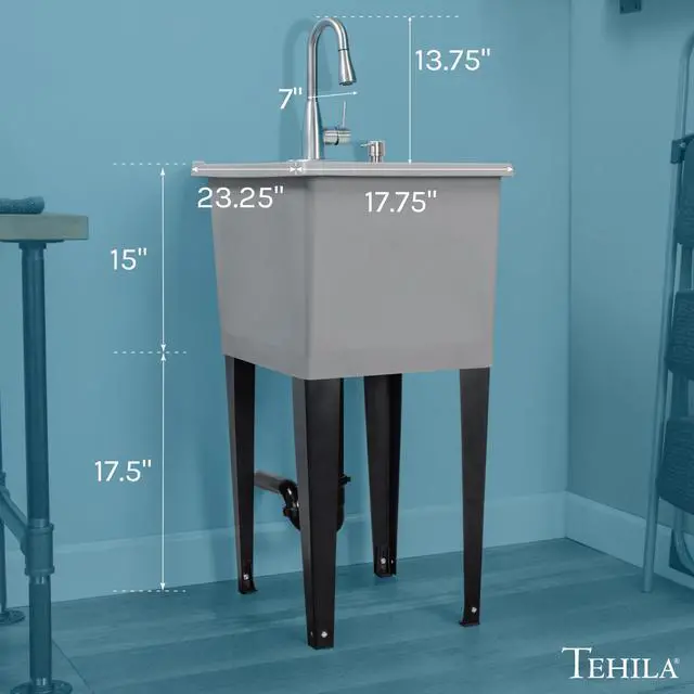 Alt view image 2 of 6 - Grey Space Saver Utility Sink by, Freestanding Tehila Space Saving Laundry Tub, Stainless Pull-Down Faucet, Soap Dispenser