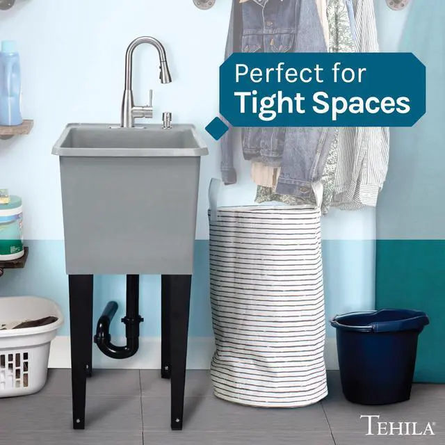 Alt view image 3 of 6 - Grey Space Saver Utility Sink by, Freestanding Tehila Space Saving Laundry Tub, Stainless Pull-Down Faucet, Soap Dispenser