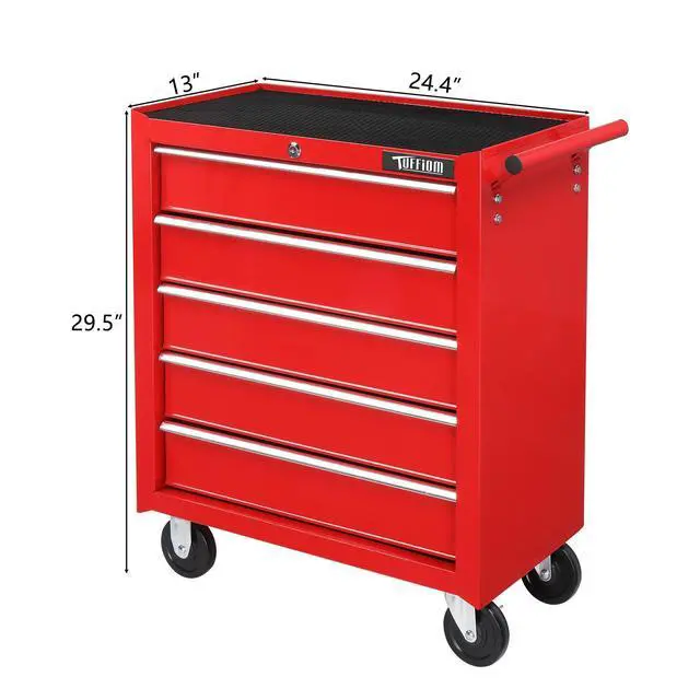 Alt view image 3 of 6 - 5-Drawer Rolling Tool Chest w/Drawers & Lock, Tool Storage Cabinet with Lockable Wheels, Top Cushion & Drawer Liners, Tool Organizer Box for Garage, Warehouse & Repair Sho