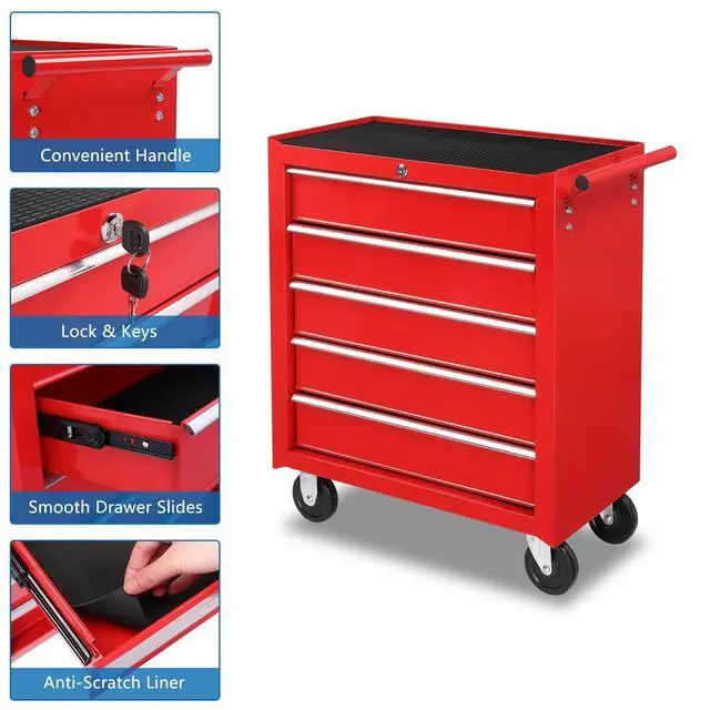 Alt view image 4 of 6 - 5-Drawer Rolling Tool Chest w/Drawers & Lock, Tool Storage Cabinet with Lockable Wheels, Top Cushion & Drawer Liners, Tool Organizer Box for Garage, Warehouse & Repair Sho