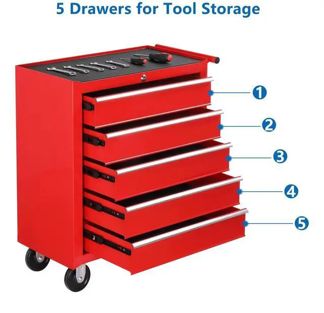 Alt view image 5 of 6 - 5-Drawer Rolling Tool Chest w/Drawers & Lock, Tool Storage Cabinet with Lockable Wheels, Top Cushion & Drawer Liners, Tool Organizer Box for Garage, Warehouse & Repair Sho