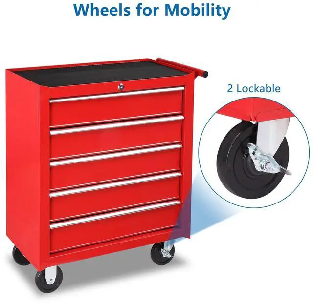 Alt view image 6 of 6 - 5-Drawer Rolling Tool Chest w/Drawers & Lock, Tool Storage Cabinet with Lockable Wheels, Top Cushion & Drawer Liners, Tool Organizer Box for Garage, Warehouse & Repair Sho