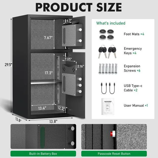 Alt view image 2 of 6 - 6.5 Cub Large Safe Box Fireproof Waterproof, Money Safe with Deposit Slot & Backlit Keypad for home Documents,Fingerprint Personal Safe with Dual Alarm System for Valuables