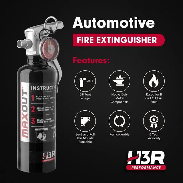 Alt view image 2 of 6 - MaxOut Compact Fire Extinguisher for Vehicles Cars, Trucks, UTVs, RVs & Boats | Off-Road Ready | Refillable Purple K Dry Chemical | Class BC | Mounting Bracket | UL Listed | Black 1.0 lb