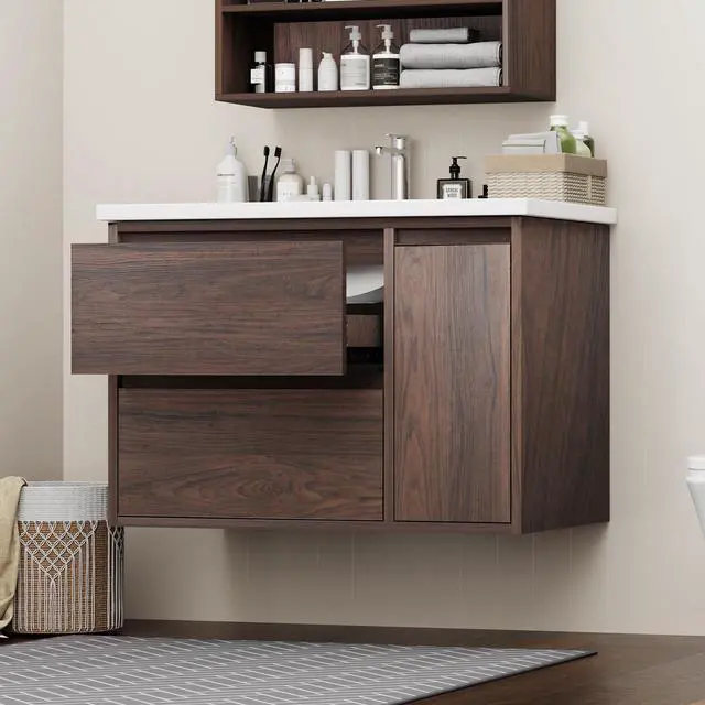 Main image of 30 Inch Bathroom Vanity With Sink, Modern Walnut Color Finish Cabinet, 2 Spacious Soft-Close Drawers & Storage Cabinet, Floating/Floorstanding Versatile Design, Luxury Statement Piece for Bathroom