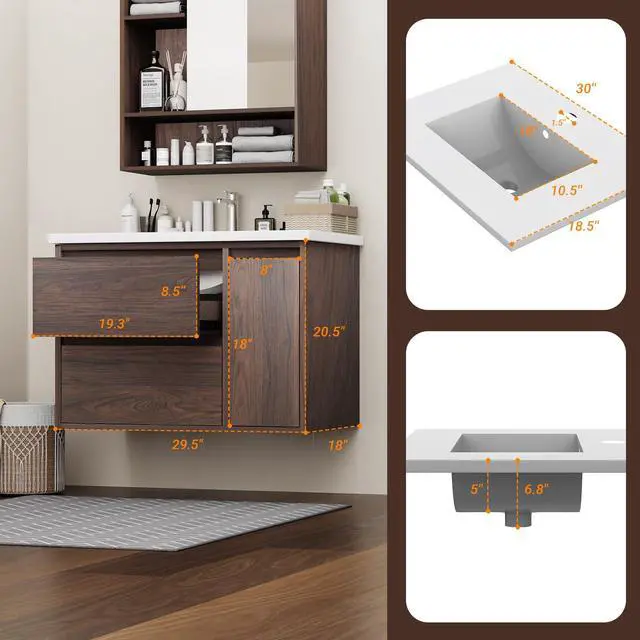 Alt view image 2 of 6 - 30 Inch Bathroom Vanity With Sink, Modern Walnut Color Finish Cabinet, 2 Spacious Soft-Close Drawers & Storage Cabinet, Floating/Floorstanding Versatile Design, Luxury Statement Piece for Bathroom