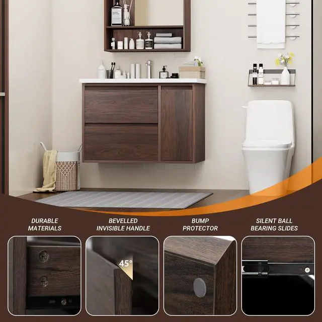 Alt view image 3 of 6 - 30 Inch Bathroom Vanity With Sink, Modern Walnut Color Finish Cabinet, 2 Spacious Soft-Close Drawers & Storage Cabinet, Floating/Floorstanding Versatile Design, Luxury Statement Piece for Bathroom
