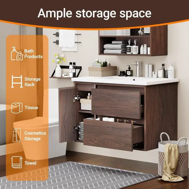 Alt view image 6 of 6 - 30 Inch Bathroom Vanity With Sink, Modern Walnut Color Finish Cabinet, 2 Spacious Soft-Close Drawers & Storage Cabinet, Floating/Floorstanding Versatile Design, Luxury Statement Piece for Bathroom