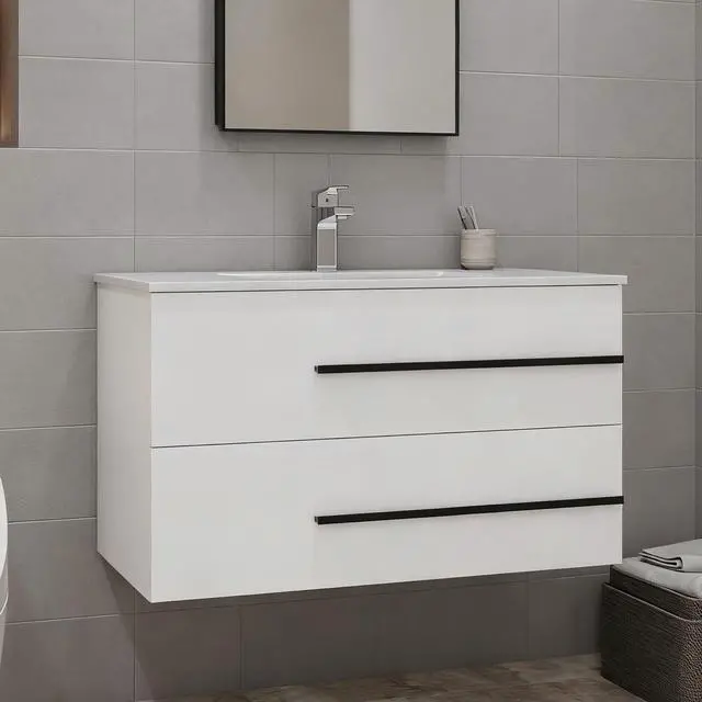 Alt view image 5 of 5 - 36 inch Floating Bathroom Vanity Without Sink, Space Saving Fluted Design for Small Bathrooms, Soft Closing Drawers & Black Handles White