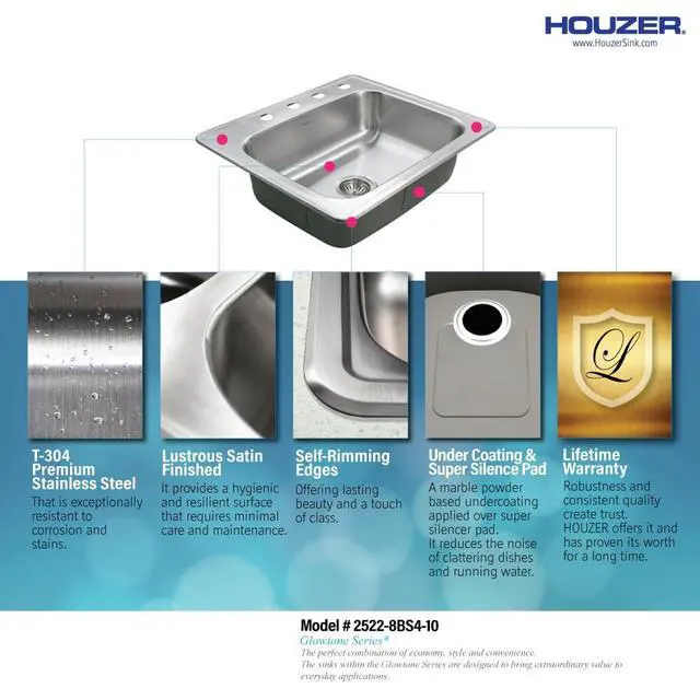Alt view image 5 of 6 - Glowtone 25 Inch Stainless Steel Topmount 4-Hole Single Bowl 8 Inch Deep Kitchen Sink - 2522-8BS4-1