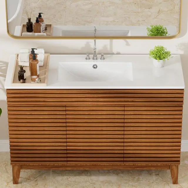 Alt view image 6 of 6 - 48"x18¼" Bathroom Vanity Sink Top with Three Holes, Ceramic Vanity Sink Top with Overflow, Drop in Bathroom Vessel Sink Rectangle, Glossy White