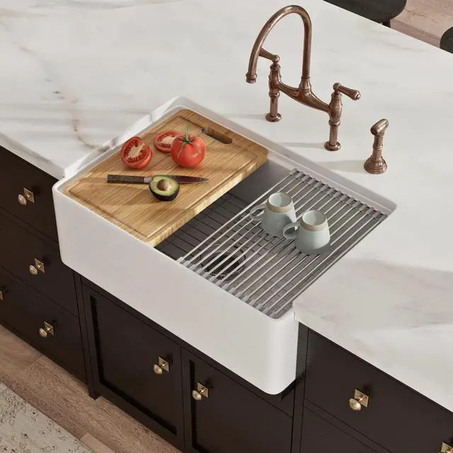 Alt view image 2 of 6 - Farmhouse Sink 30 Inch, 30"W x 20"D White Kitchen Workstation Sinks, Fireclay Single Bowl Kitchen Farm Sink with Drying Rack, Cutting Board and Drain Strainer