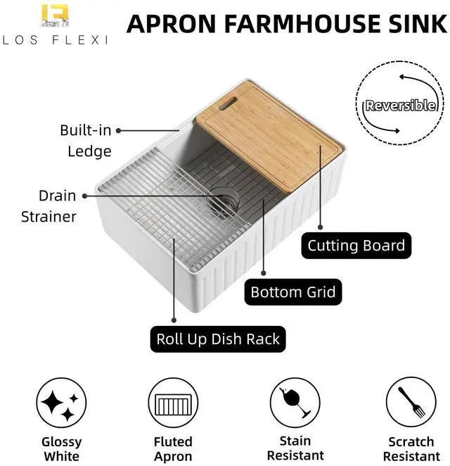 Alt view image 3 of 6 - Farmhouse Sink 30 Inch, 30"W x 20"D White Kitchen Workstation Sinks, Fireclay Single Bowl Kitchen Farm Sink with Drying Rack, Cutting Board and Drain Strainer