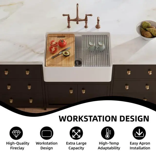 Alt view image 5 of 6 - Farmhouse Sink 30 Inch, 30"W x 20"D White Kitchen Workstation Sinks, Fireclay Single Bowl Kitchen Farm Sink with Drying Rack, Cutting Board and Drain Strainer
