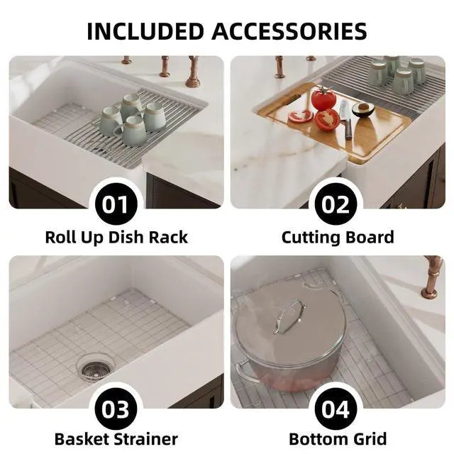 Alt view image 6 of 6 - Farmhouse Sink 30 Inch, 30"W x 20"D White Kitchen Workstation Sinks, Fireclay Single Bowl Kitchen Farm Sink with Drying Rack, Cutting Board and Drain Strainer
