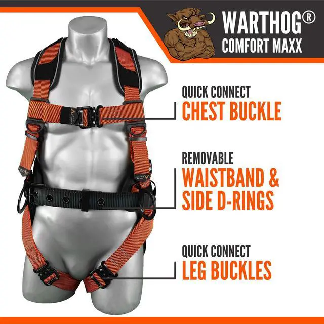 Alt view image 3 of 6 - Warthog Comfort MAXX - Safety Harness for Construction Fall Protection Equipment with Removable Belt and Lumbar Support, Side D-Rings, and Padding, OSHA & ANSI Compliant (S-M)
