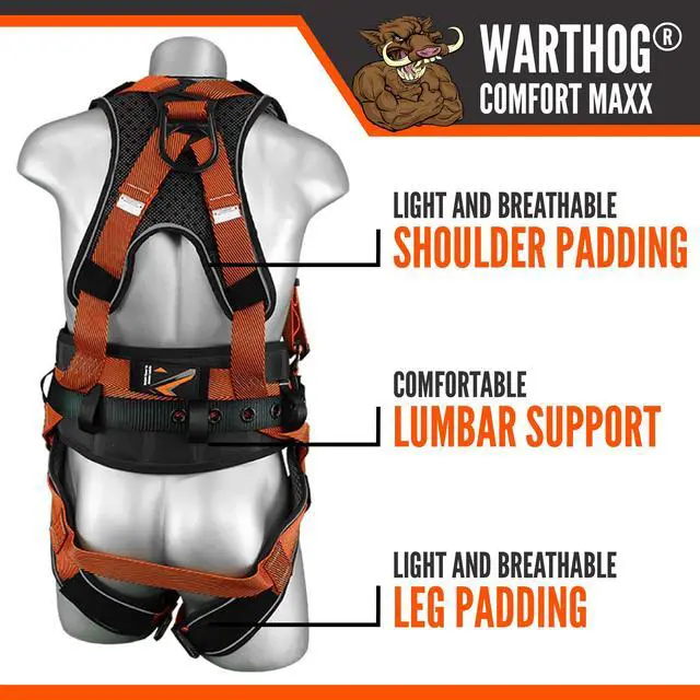 Alt view image 4 of 6 - Warthog Comfort MAXX - Safety Harness for Construction Fall Protection Equipment with Removable Belt and Lumbar Support, Side D-Rings, and Padding, OSHA & ANSI Compliant (S-M)