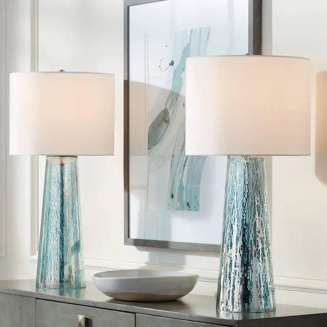Alt view image 2 of 6 - Marcus Modern Coastal Table Lamps 30" Tall Set of 2 Hand-Applied Mercury Glass Tapered Column White Drum Shade for Living Room Bedroom House Bedside Home Office (Color May Vary)